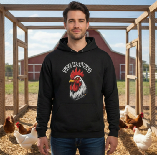 SIZE MATTERS Hoodie | Funny Chicken Apparel Sweatshirt | Bold Rooster Humor Pullover