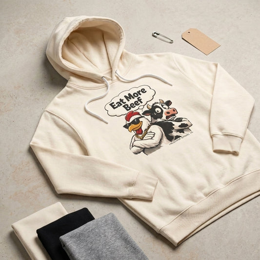 Eat More Beef Hoodie – Funny Chicken & Cow Graphic Hoodie | Farm Humor Sweatshirt | Unisex Lightweight Hoodie | ChickenPop Apparel