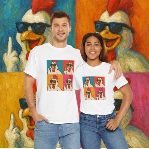 Warhol Pop Art Chicken T-Shirt – Funny Coop Daddy Middle Finger Tee for Bold Style