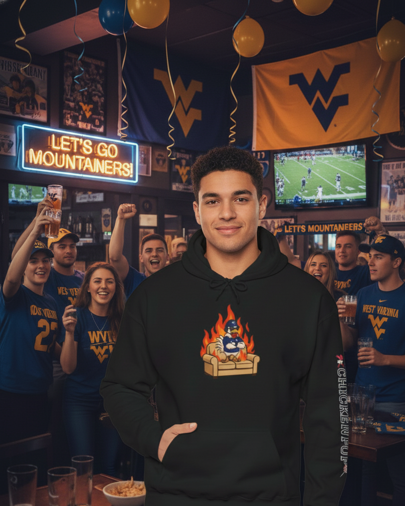 Big Rich Energy Couch Burning Shirt | Funny WVU Mountaineers Football Coach Hoodie | Morgantown Tradition Apparel